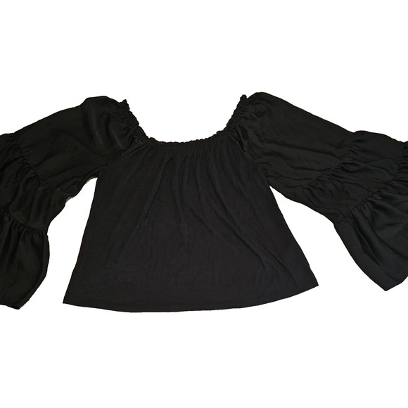 Anthropologie Black Boho Peasant Top M Bell Sleeve Cotton Modal Blouse - Picture 2 of 11